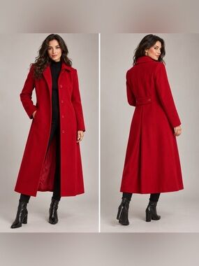 Women's Long Red Single-Breasted Wool-Blend Trench Coat